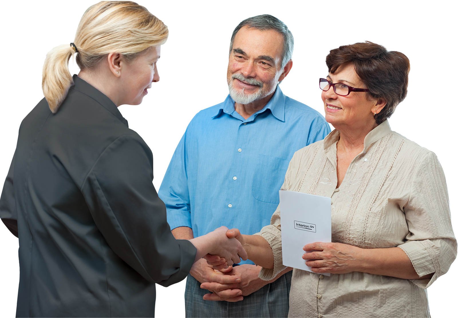 Hearing care professional and patient during hearing aid fitting session.